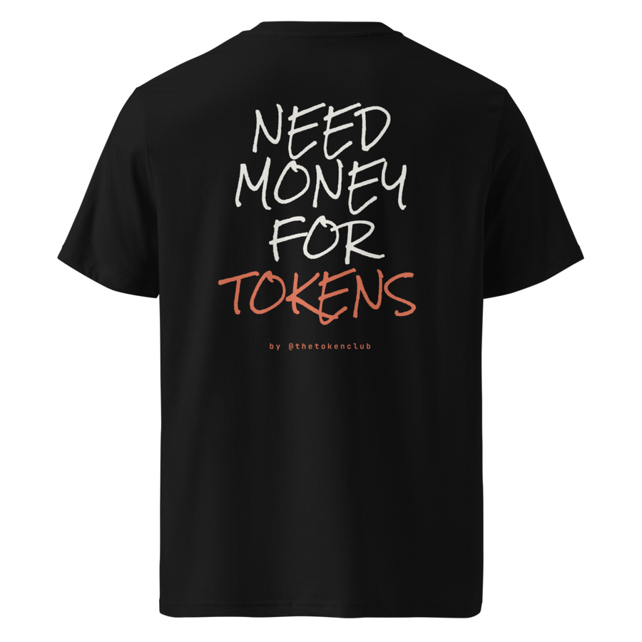 need money for tokens tee in black, back print, organic cotton regular fit