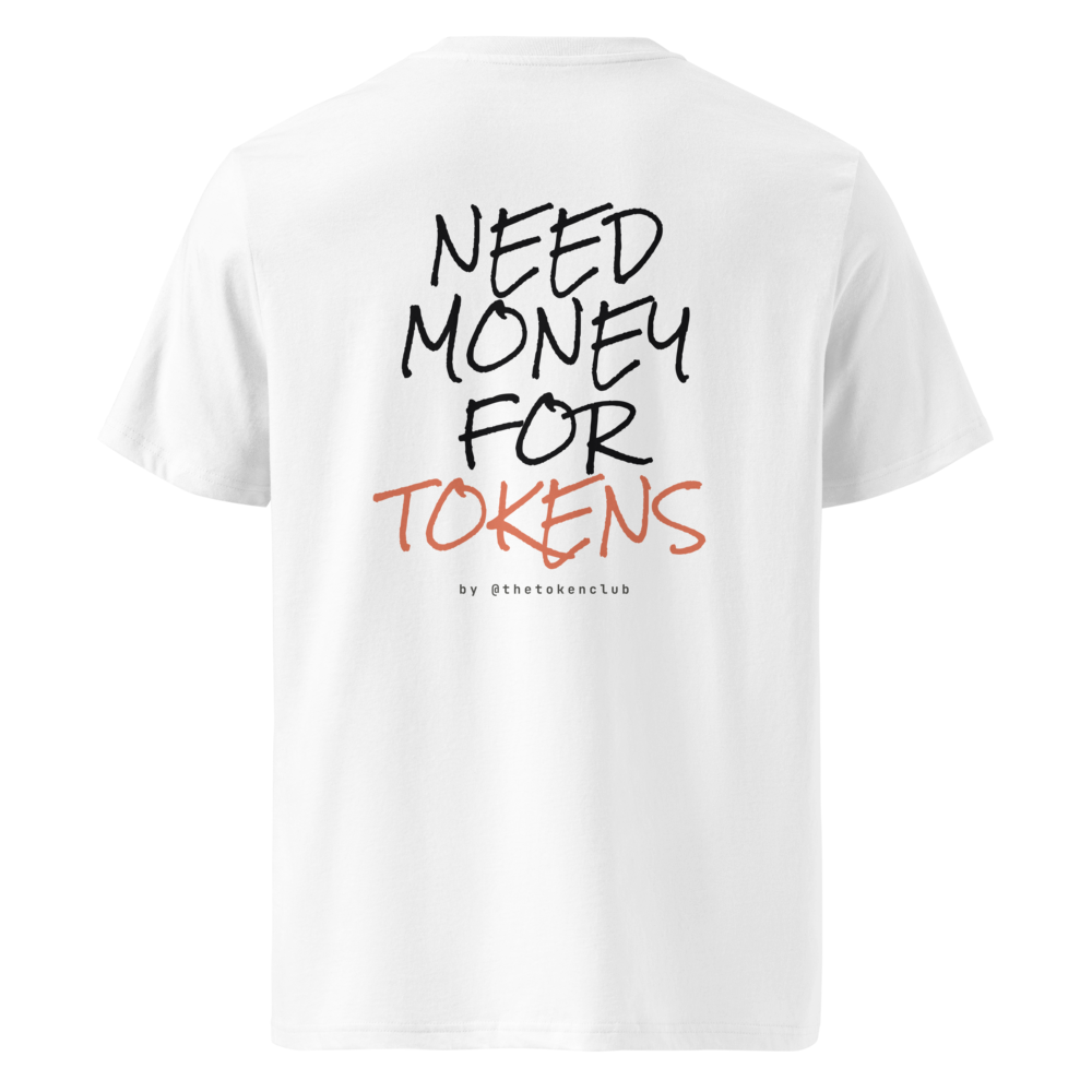 need money for tokens tee in white, back print, organic cotton regular fit