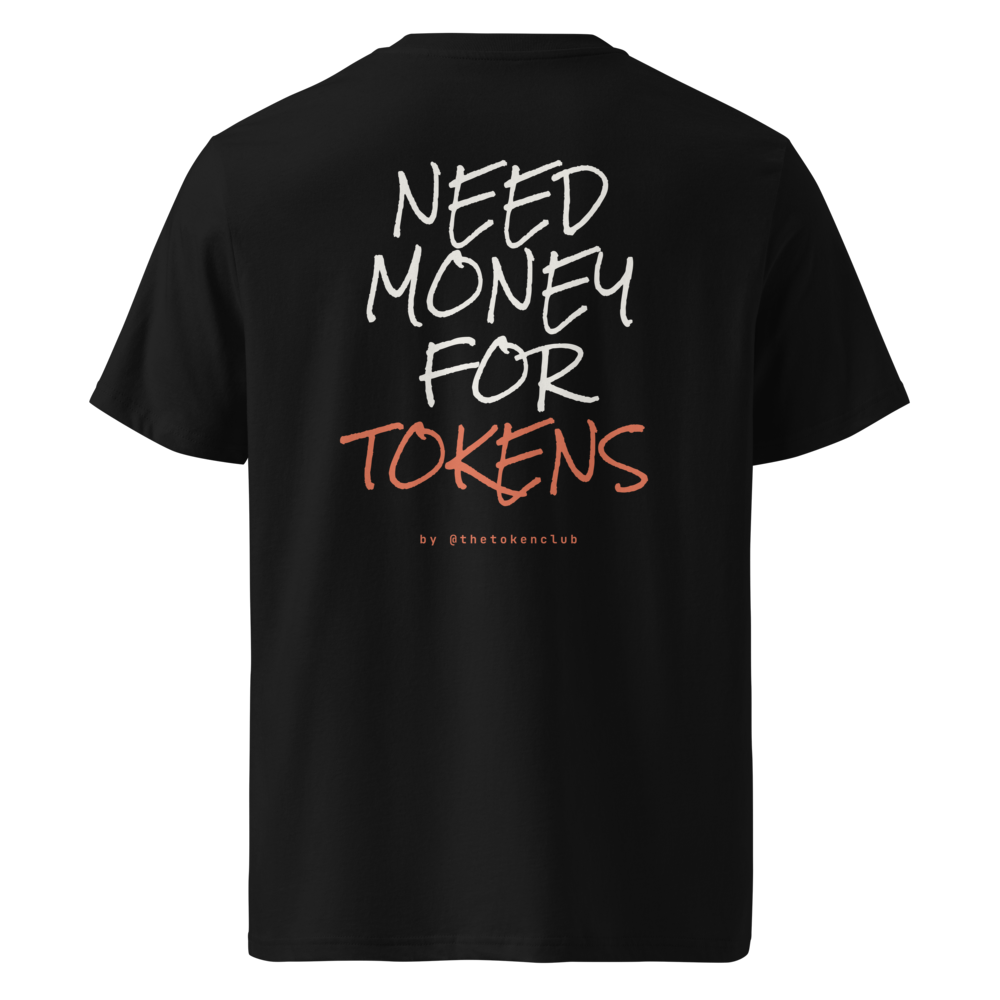 need money for tokens tee in black, back print, organic cotton regular fit