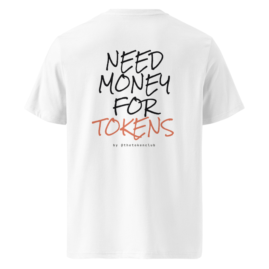 need money for tokens tee in white, back print, organic cotton regular fit